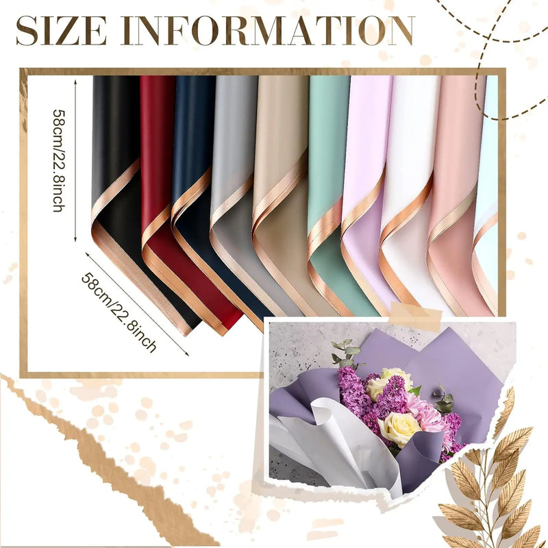 20 feuilles de papier d'emballage floral à bord doré, fournitures de bouquet de fleuriste colorées