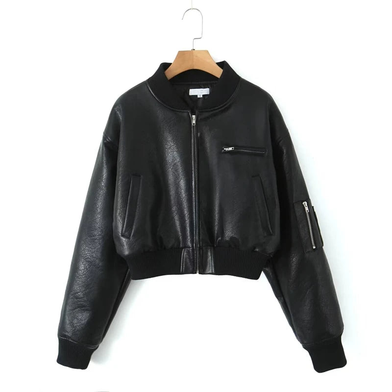Damen Retro Crop Kunstleder Bomber Jacke