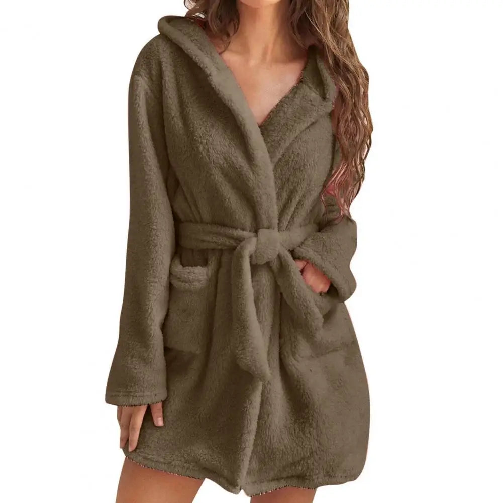 Damen flauschiger Bademantel, lang, warm, mit Kapuze, Flanell-Kimono, Morgenmantel