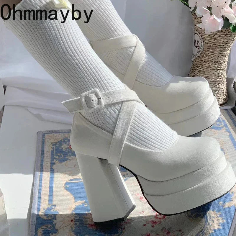Damen Designer Plateau Pumps Mary Jane Schuhe  Elegante Cross Strap Lolita College Style