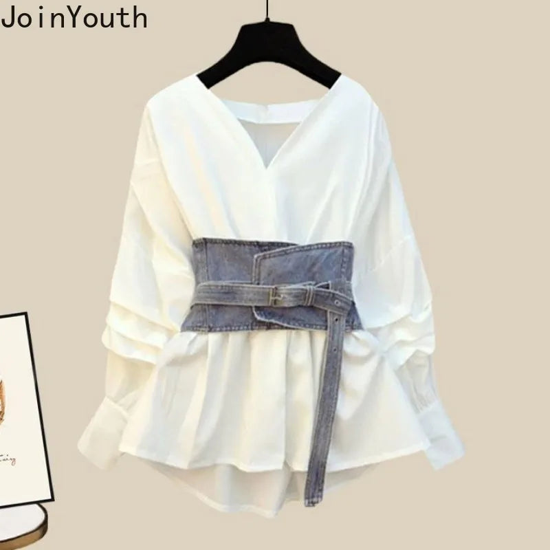 Summer oversized two piece skirt set for women long sleeve blouse high waist