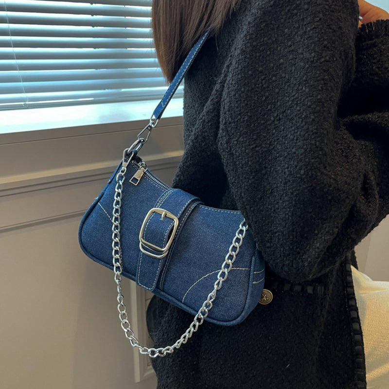 Denim-Umhängetasche, kleine quadratische mit Ketten Handtasche, Umhängetaschen, Handtasche