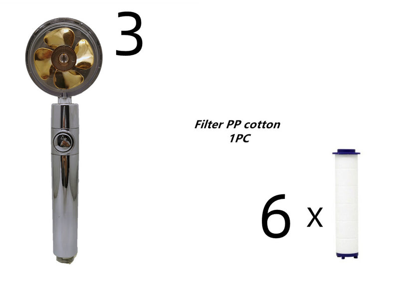 Propellergetriebener Duschkopf mit Stoptaste und Baumwollfilter, Hochdruck Handbrause mit Turbolader