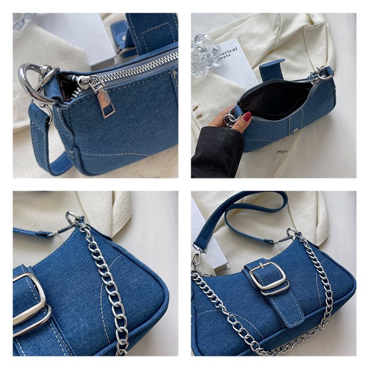 Denim-Umhängetasche, kleine quadratische mit Ketten Handtasche, Umhängetaschen, Handtasche