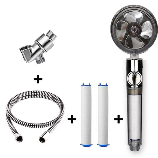 Propellergetriebener Duschkopf mit Stoptaste und Baumwollfilter, Hochdruck Handbrause mit Turbolader