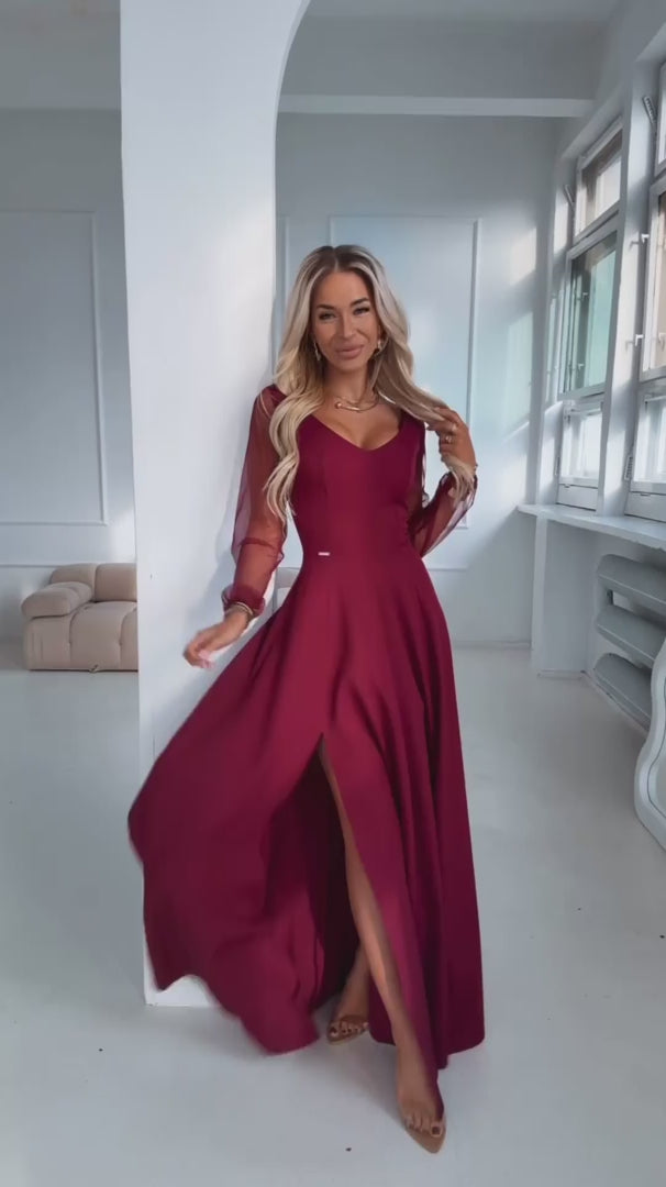 Damen Maxikleid Abendkleid mit Tüllärmel von Numoco weinrot Model