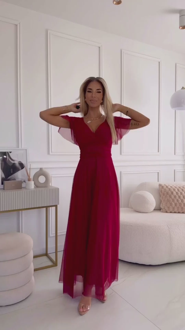 Damen Tüll Maxikleid NASTIA mit Wickelausschnitt von Numoco Basic weinrot Model