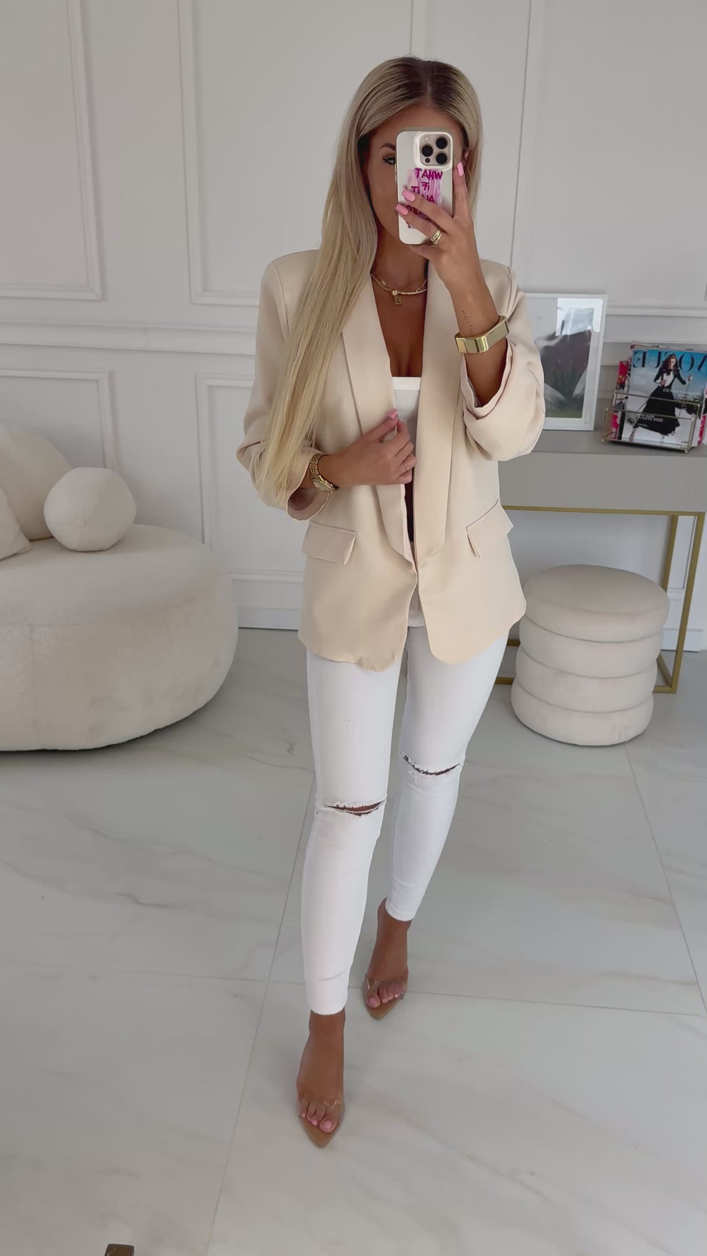 Damen Blazer mit Schalkragen und 3/4 Ärmel von Numoco beige Model