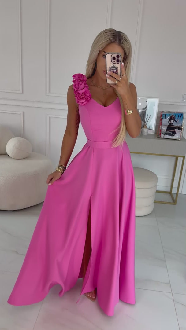 Damen Maxi-Kleid mit Schulterblume, V-Ausschnitt & Taillengürtel von Numoco pink Ausschnitt
