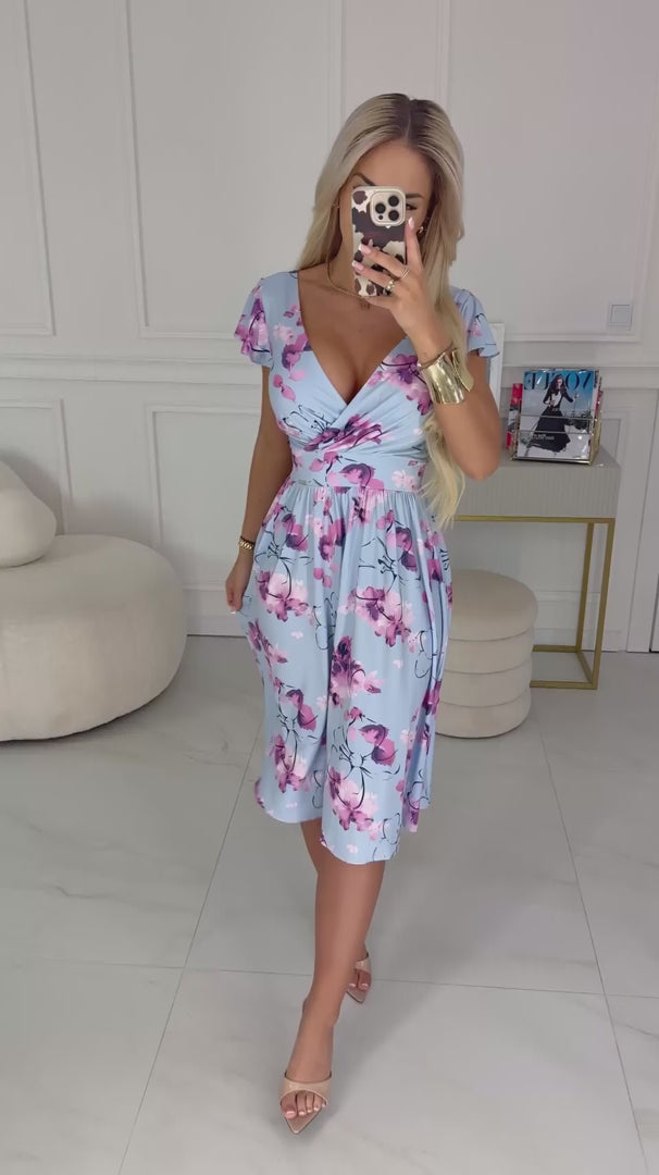 Damen Midi-Blumenkleid MATILDE Wickelausschnitt, Schmetterlingsärmel & Taillengürtel von Numoco hellblau blumig Model