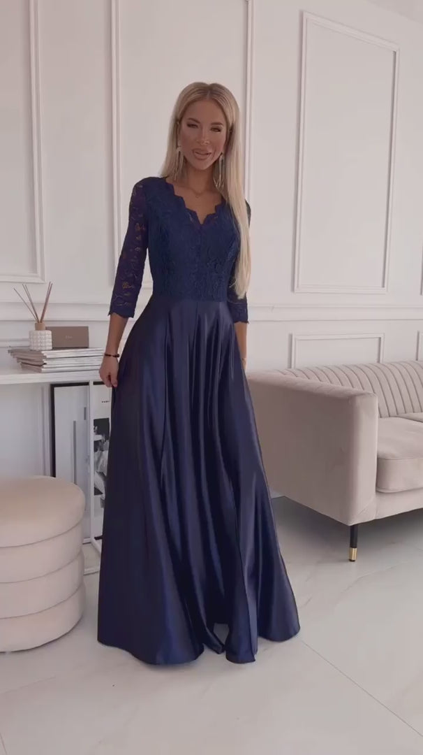 Damen Langes Abendkleid mit Spitze von Numoco mitternachtsblau Model