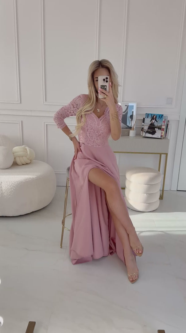 Damen Langes Abendkleid mit Spitze von Numoco rosa Model