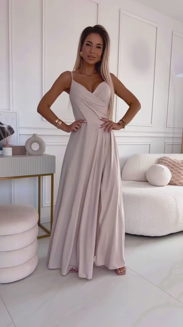 Damen Abendkleid mit schlanken Träger Maxikleid von Numoco beige 3 Model
