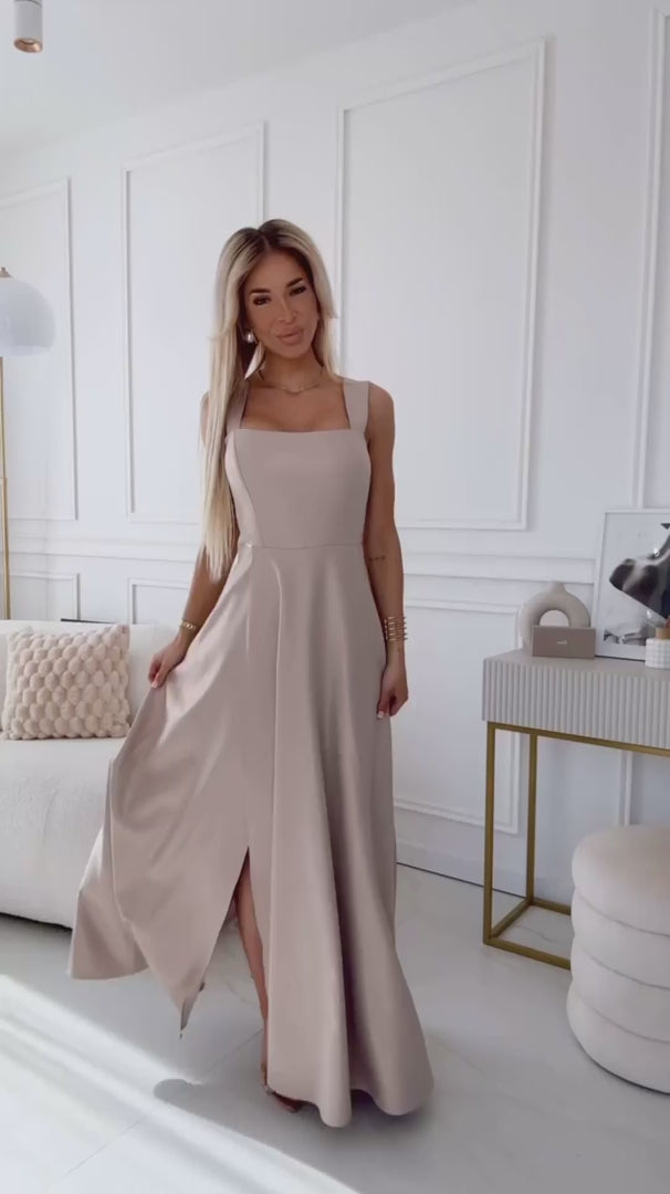 Damen Maxi-Kleid Abendkleid Aurelia, Karoausschnitt & Beinschlitz von Numoco beige Model