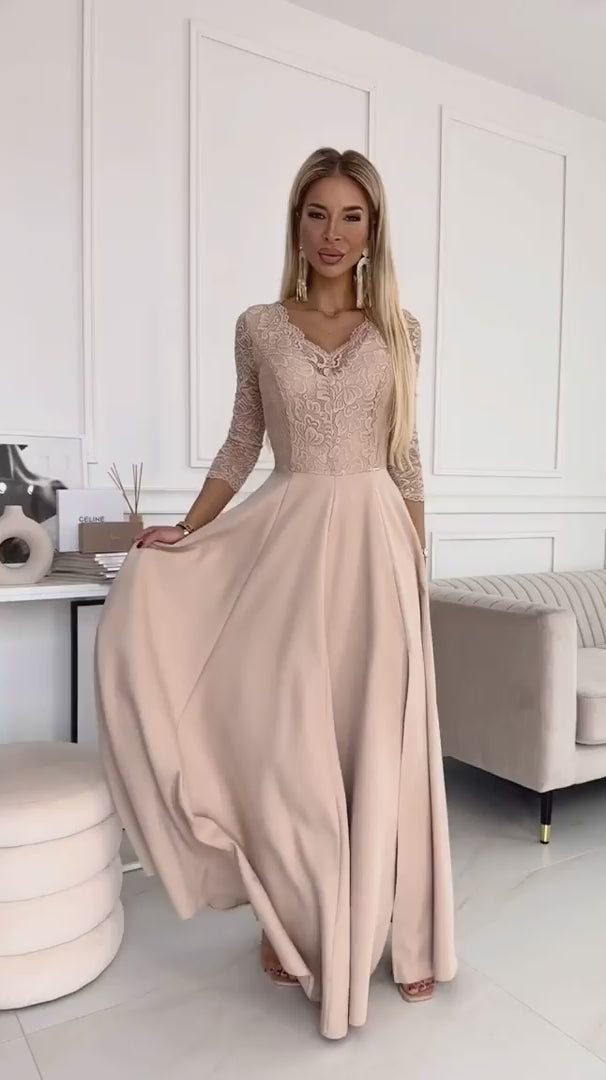Damen Langes Abendkleid mit Spitze von Numoco beige Model