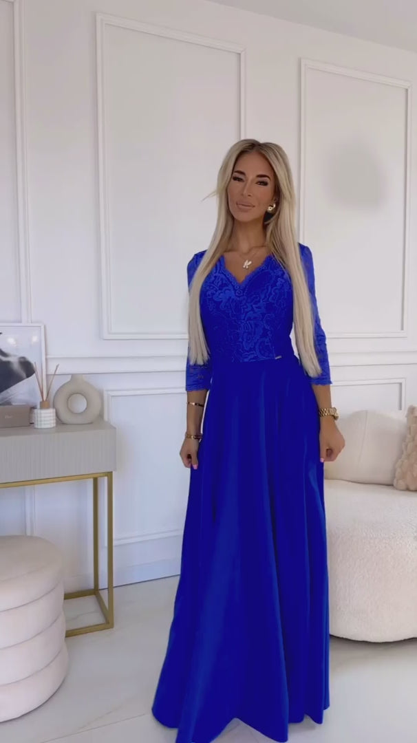 Damen Langes Abendkleid mit Spitze von Numoco blau Model
