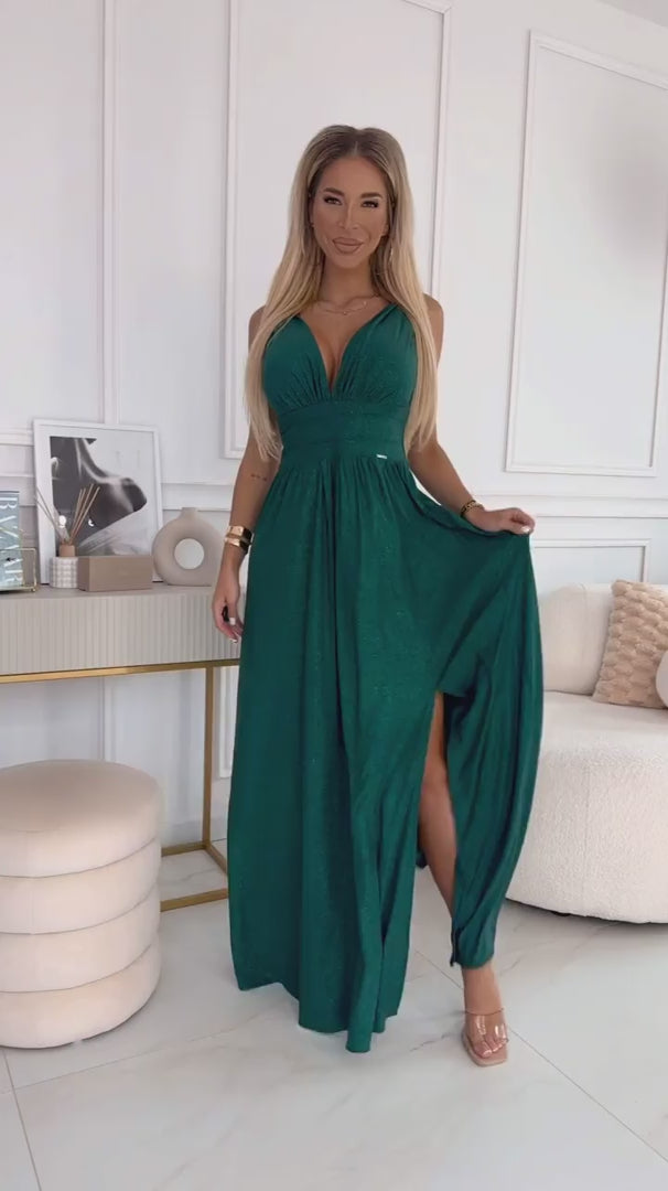 Damen Maxikleid Abendkleid mit V-Ausschnitt von Numoco grün Model