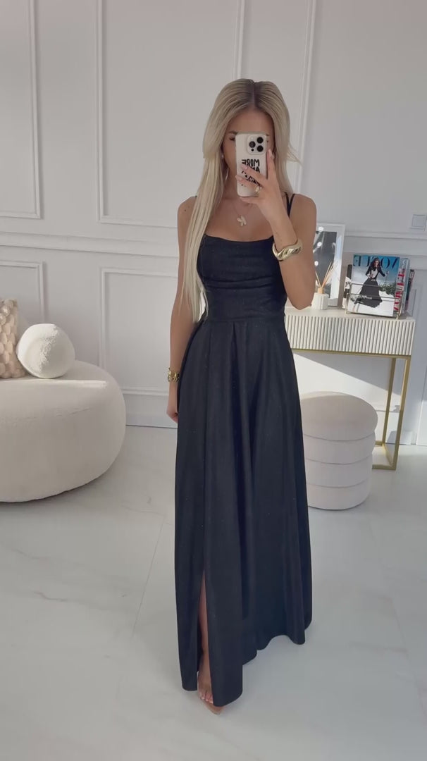 Damen Maxikleid mit Wasserfall Ausschnitt von Numoco schwarz Glitzer Model