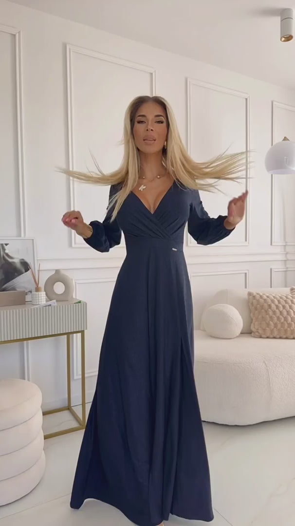 Damen Maxi-Kleid "Nela" mit Bishop Ärmel von Numoco marineblau Model