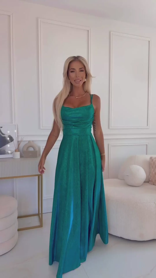 Damen Maxikleid mit Wasserfall Ausschnitt von Numoco türkisgrün Glitzer Model