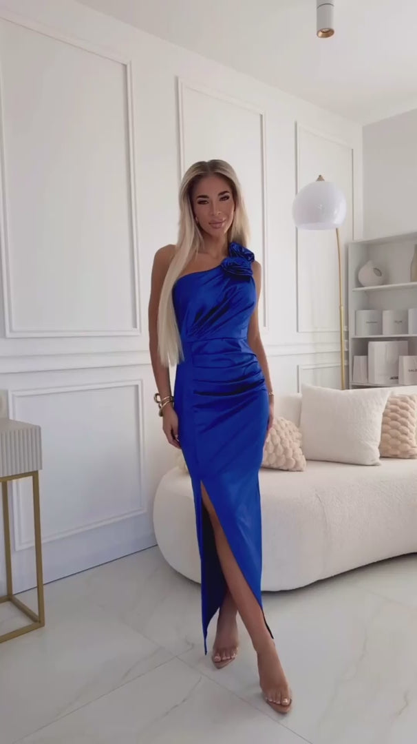 Damen Satin One Shoulder Maxikleid von Numoco dunkelblau Model