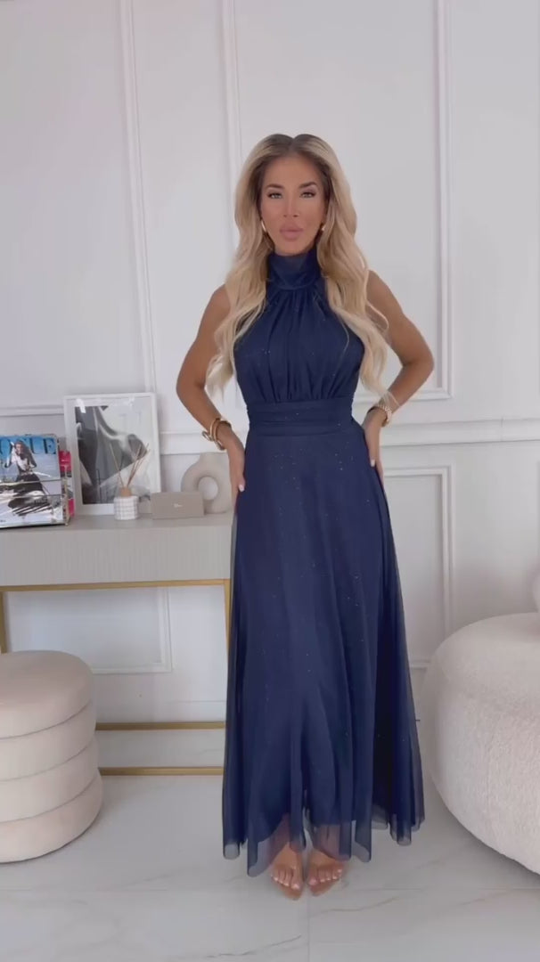 Damen Abendkleid Maxi-Kleid VERONICA, Stehkragen, Raffungen & glänzend von Numoco marineblau Model
