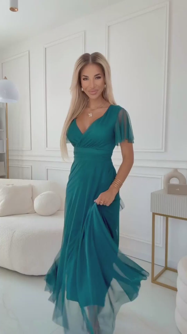 Damen Tüll Maxikleid NASTIA mit Wickelausschnitt von Numoco Basic grün Model
