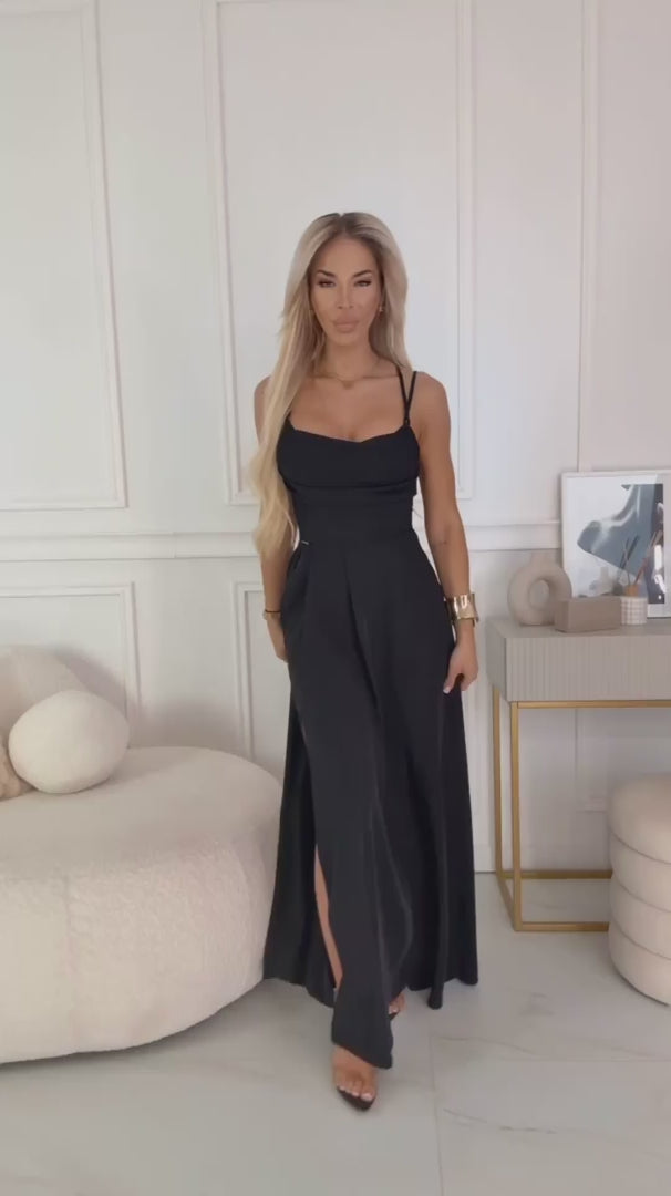 Damen Maxikleid mit Wasserfall Ausschnitt von Numoco schwarz Ausschnitt
