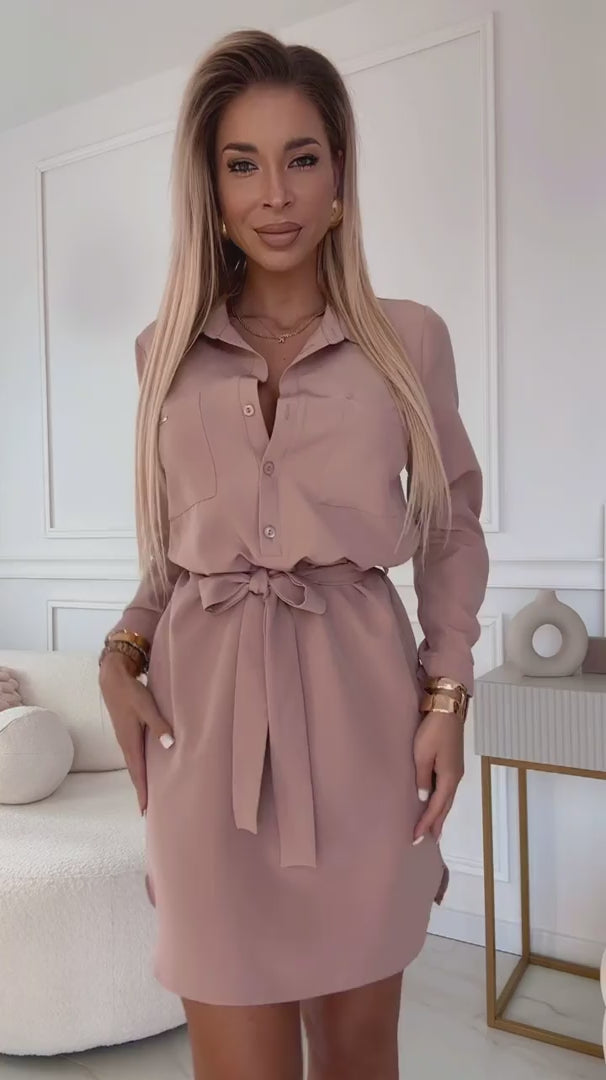 Damen Hemdkleid CAMILLE mit Taschen und Bindeband von Numoco beige Model