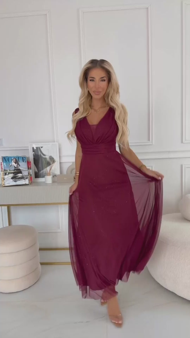Damen Maxi Abendkleid, Wickel-V-Ausschnitt, Gürtel & Glanzakzent von Numoco Basic weinrot Model