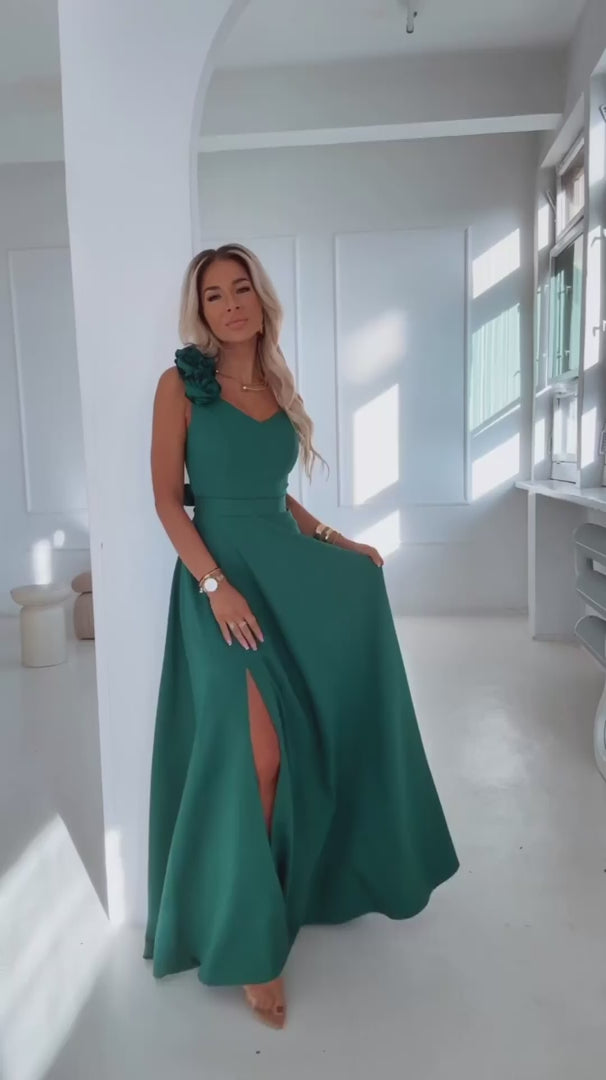 Damen Maxi-Abendkleid, 3D-Rosen, V-Ausschnitt & Beinschlitz von Numoco grün Model