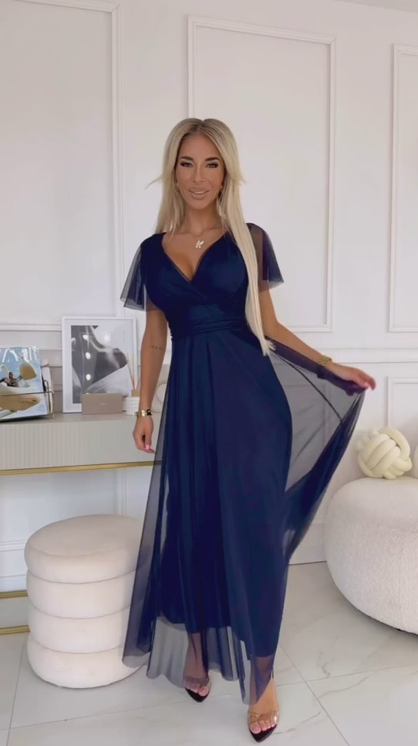 Damen Tüll Maxikleid NASTIA mit Wickelausschnitt von Numoco Basic marineblau Model
