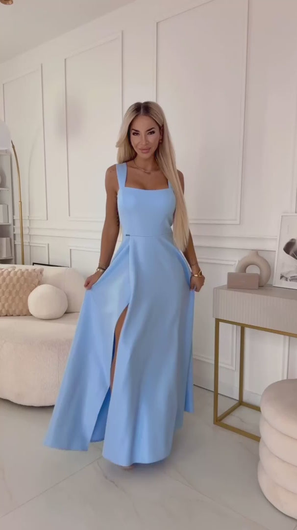 Damen Maxi-Kleid Abendkleid Aurelia, Karoausschnitt & Beinschlitz von Numoco hellblau Model
