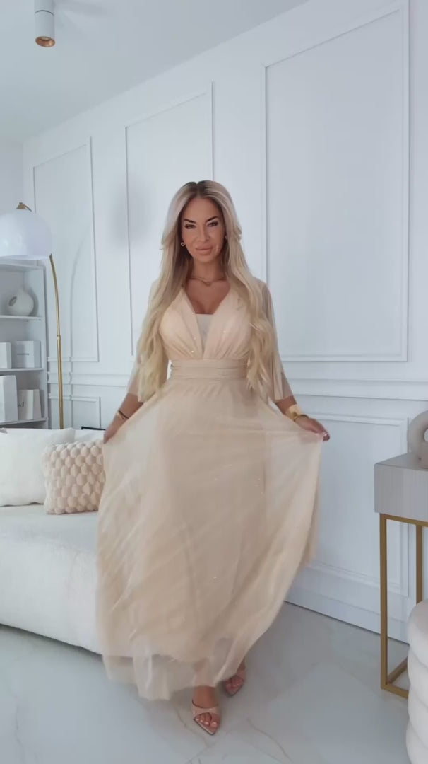 Damen Maxi-Kleid Plus-Size, Wickelausschnitt, Tüllärmel, Glitzer & Bindegürtel Numoco beige Model