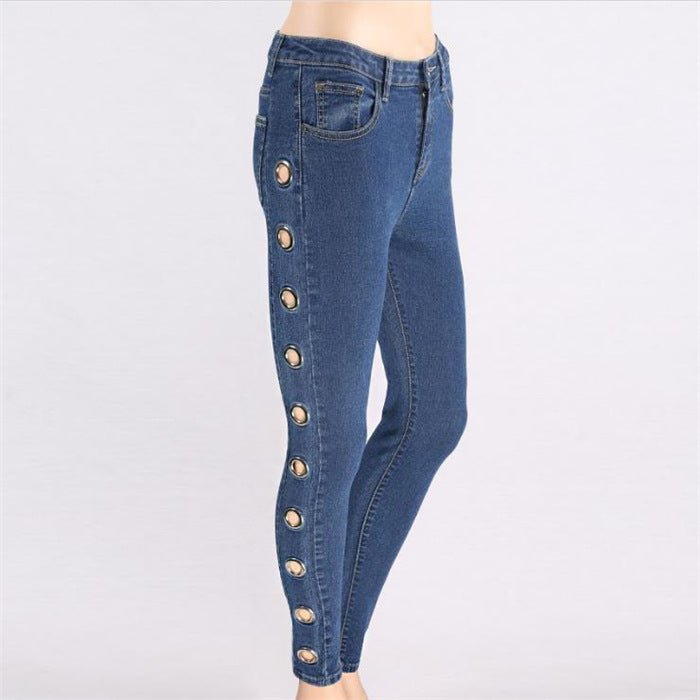 Damen Fashion Jeans mit Ösen Regular Waist - Amazing Mall