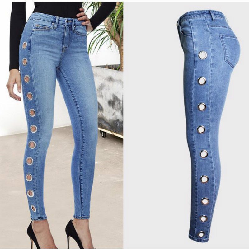 Damen Fashion Jeans mit Ösen Regular Waist - Amazing Mall