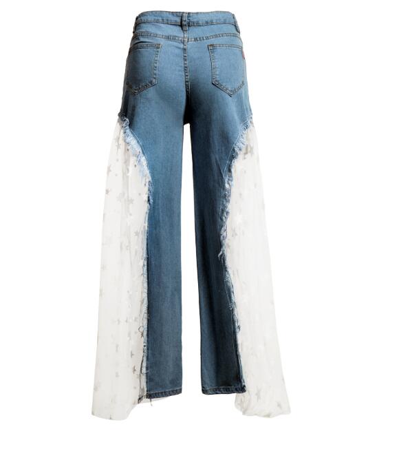 Damen Jeans mit weitem Bein & Spitzeneinsatz - Amazing Mall